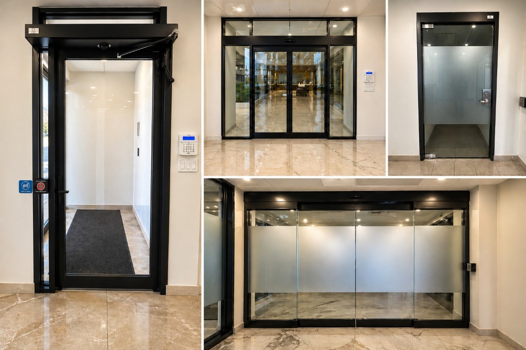 Modern commercial automatic glass entrance doors collage